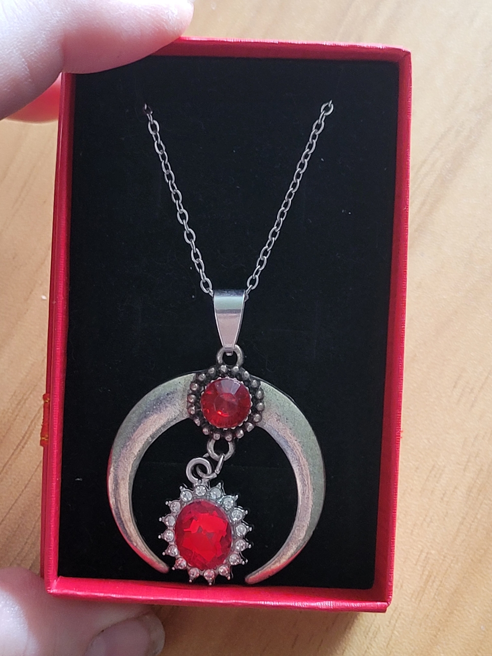 🧋NEW🧋 Stainless Steel Silver Crescent Pendant Necklace with Red Gemstone